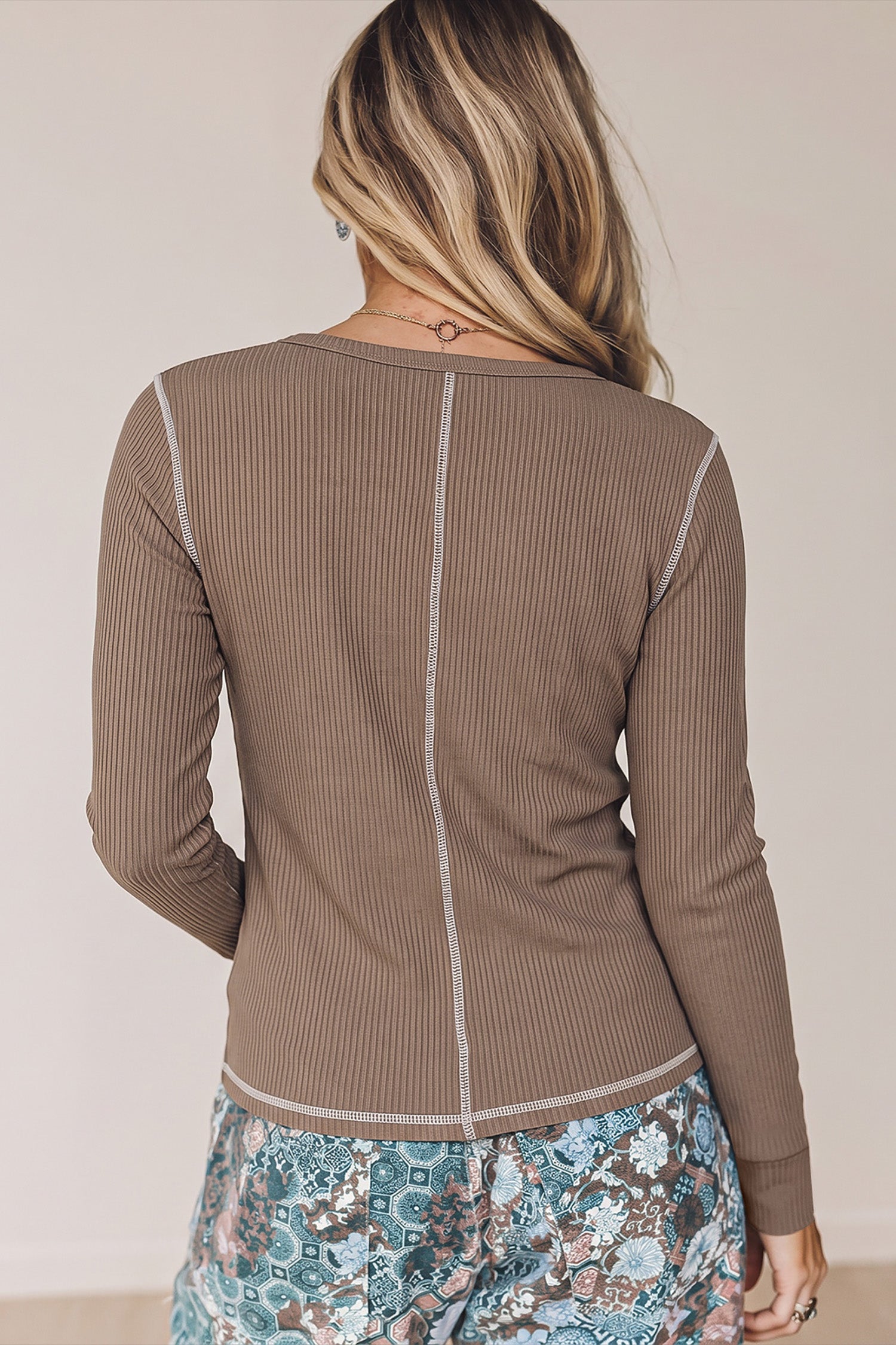 Dark Khaki V Neck Ribbed Stitched Detail Long Sleeve Top