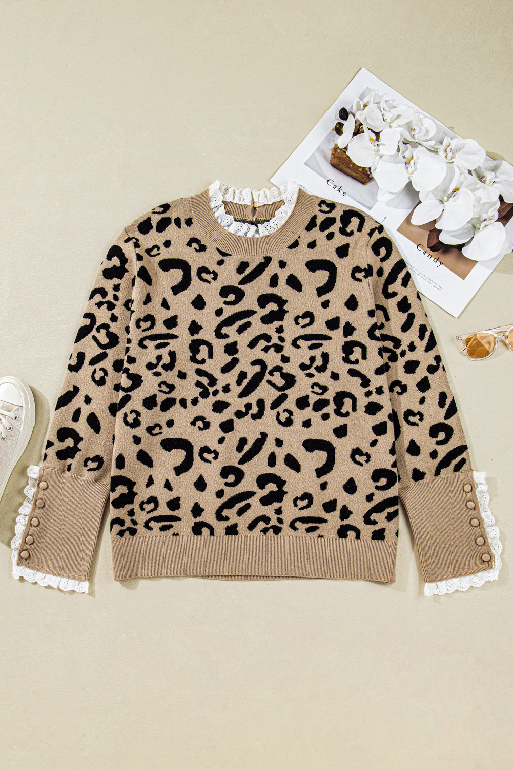 Plus Size Leopard Knit Lacy Trim Long Sleeve Sweater