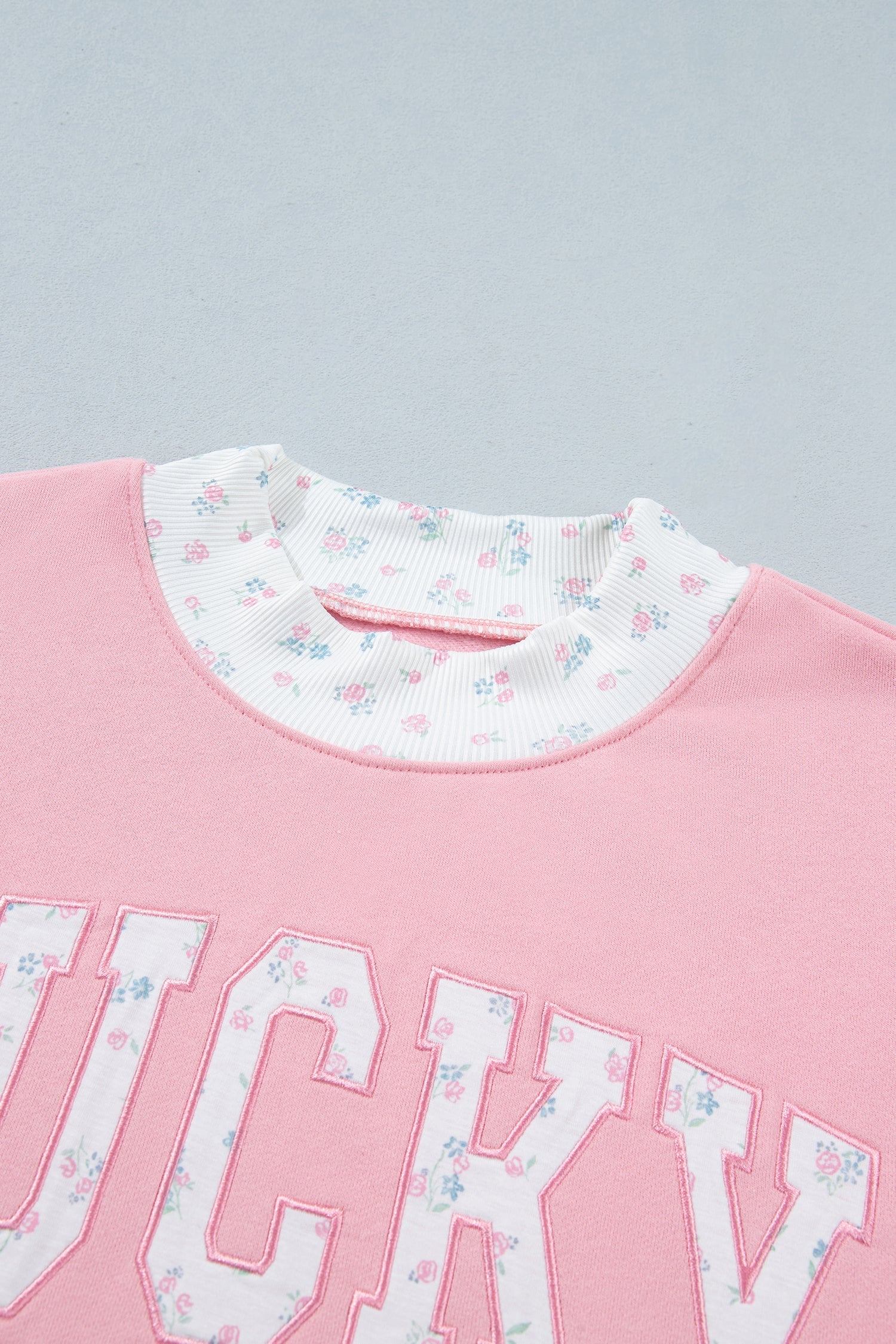 Pink High Neck Floral Patch Embroidery Long Sleeve Sweatshirt