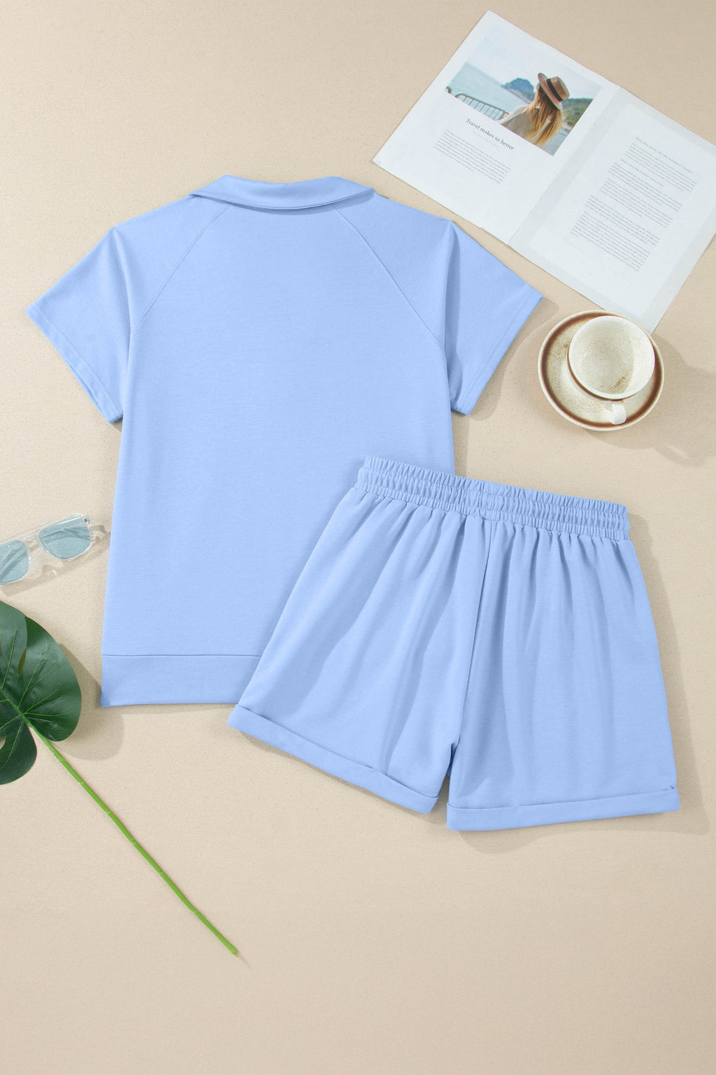 Sky Blue Collared V Neck Tee Drawstring Elastic Waist Shorts 2pcs Outfit