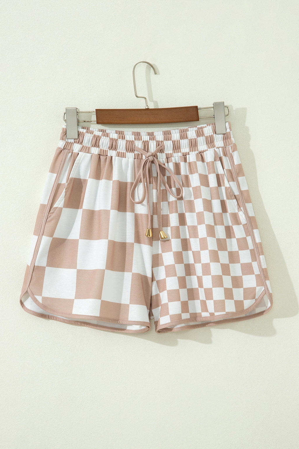 Khaki Double Checkered Print Beaded Drawstring Casual Shorts