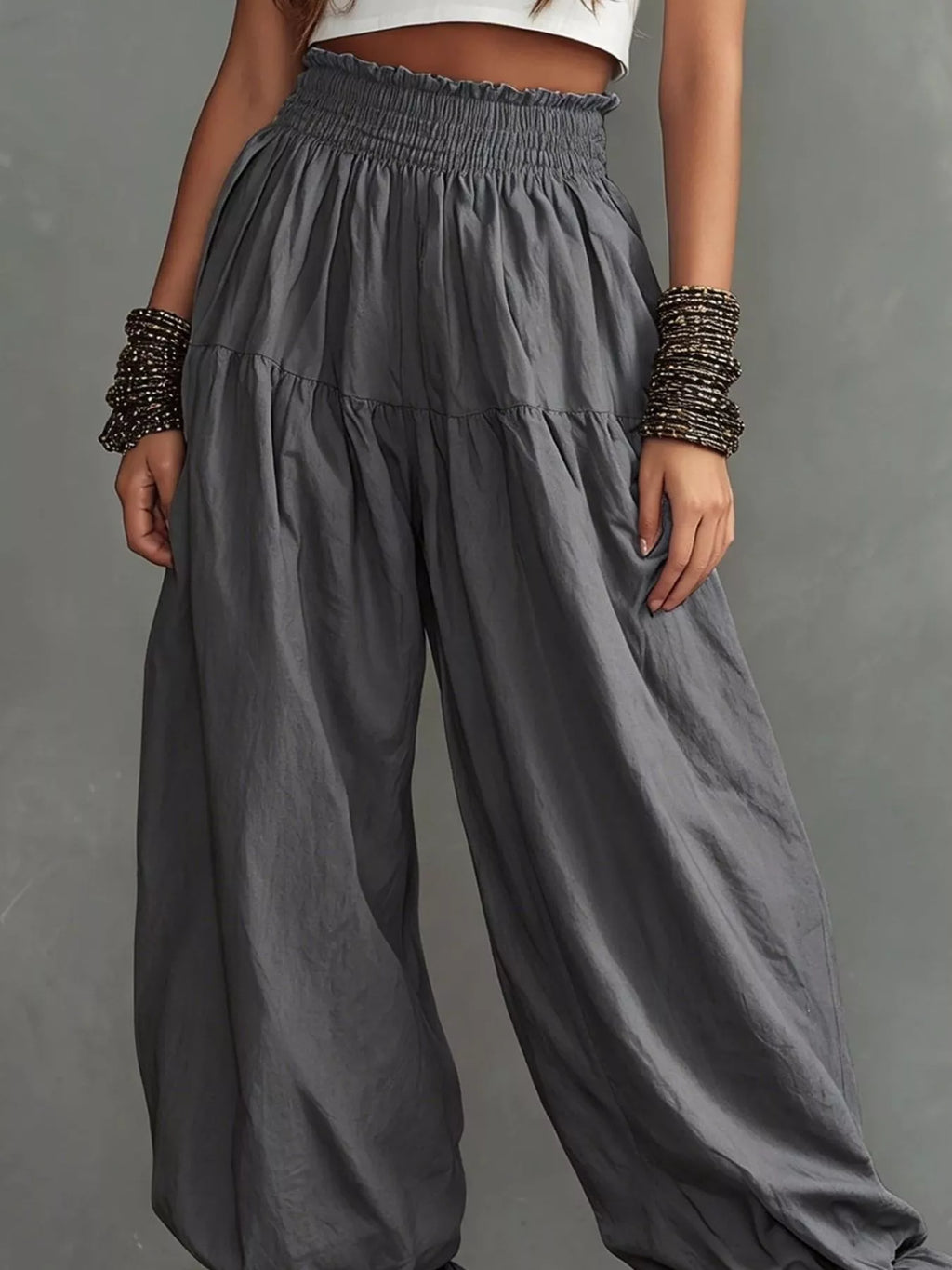 Full Size Smocked Ruffle Hem Wide Leg Pants Plus Size