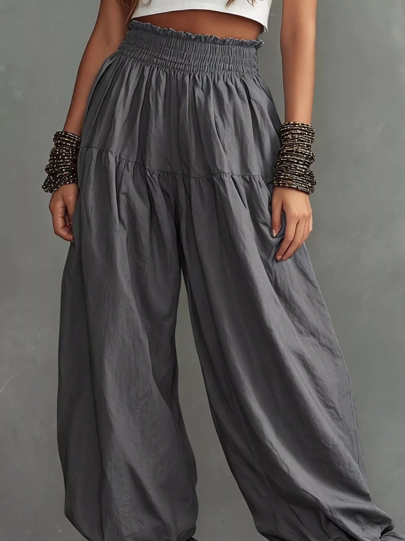 Full Size Smocked Ruffle Hem Wide Leg Pants Plus Size