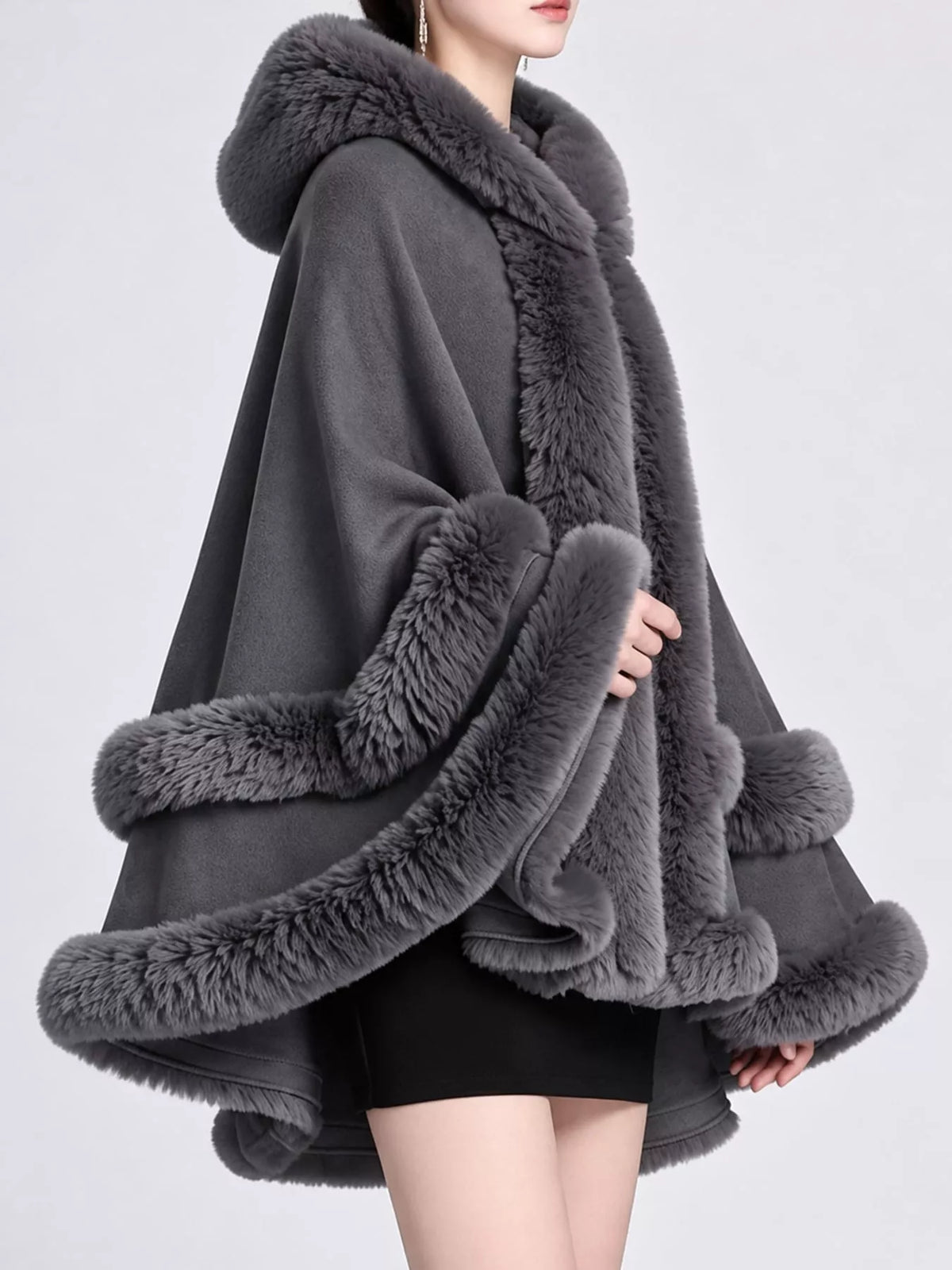 Faux Fur Trimmed Hooded Cape