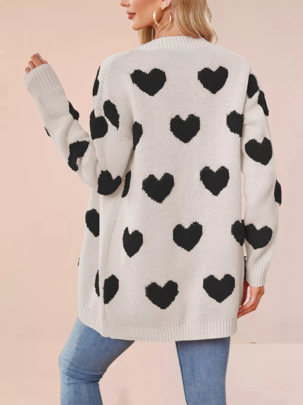 Heart Pattern V-Neck Button-Down Knit Cardigan