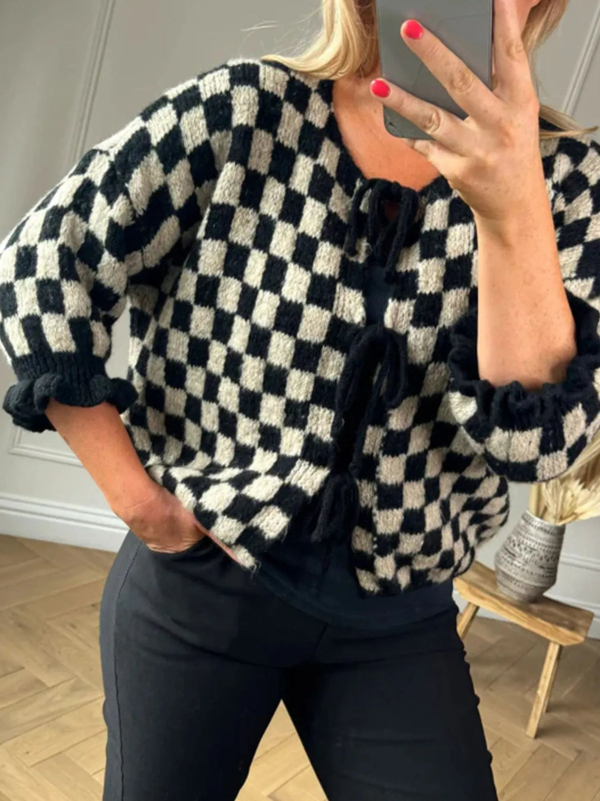 Checkered Tie-Front Knit Cardigan