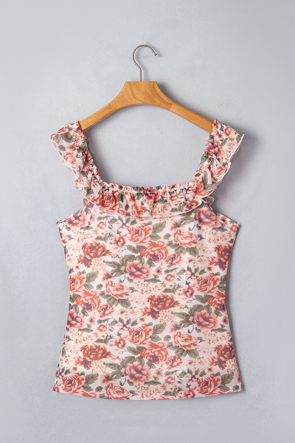Multicolour Retro Floral Ruffle Trim Square Neck Tank Top