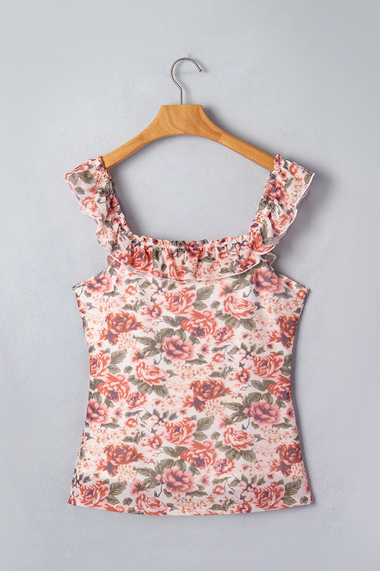 Multicolour Retro Floral Ruffle Trim Square Neck Tank Top