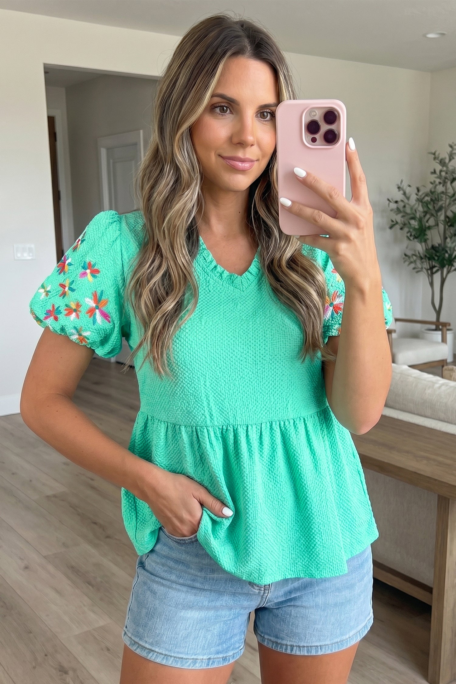 Mint Green Frilled V Neck Flower Embroidered Puff Sleeve Textured Blouse