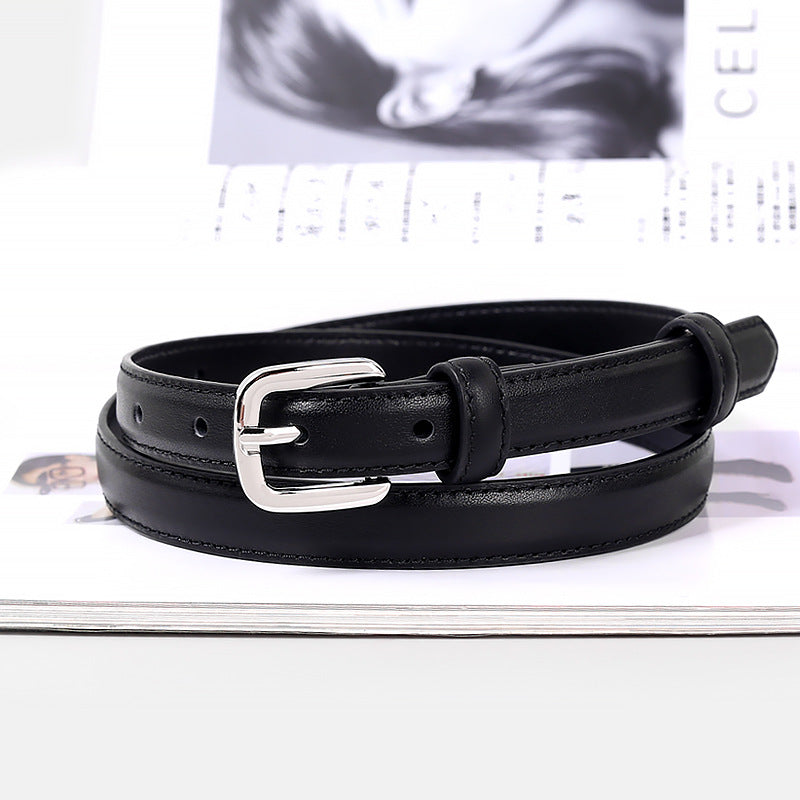 Classic Leather Skinny Belt with Silver Buckle
