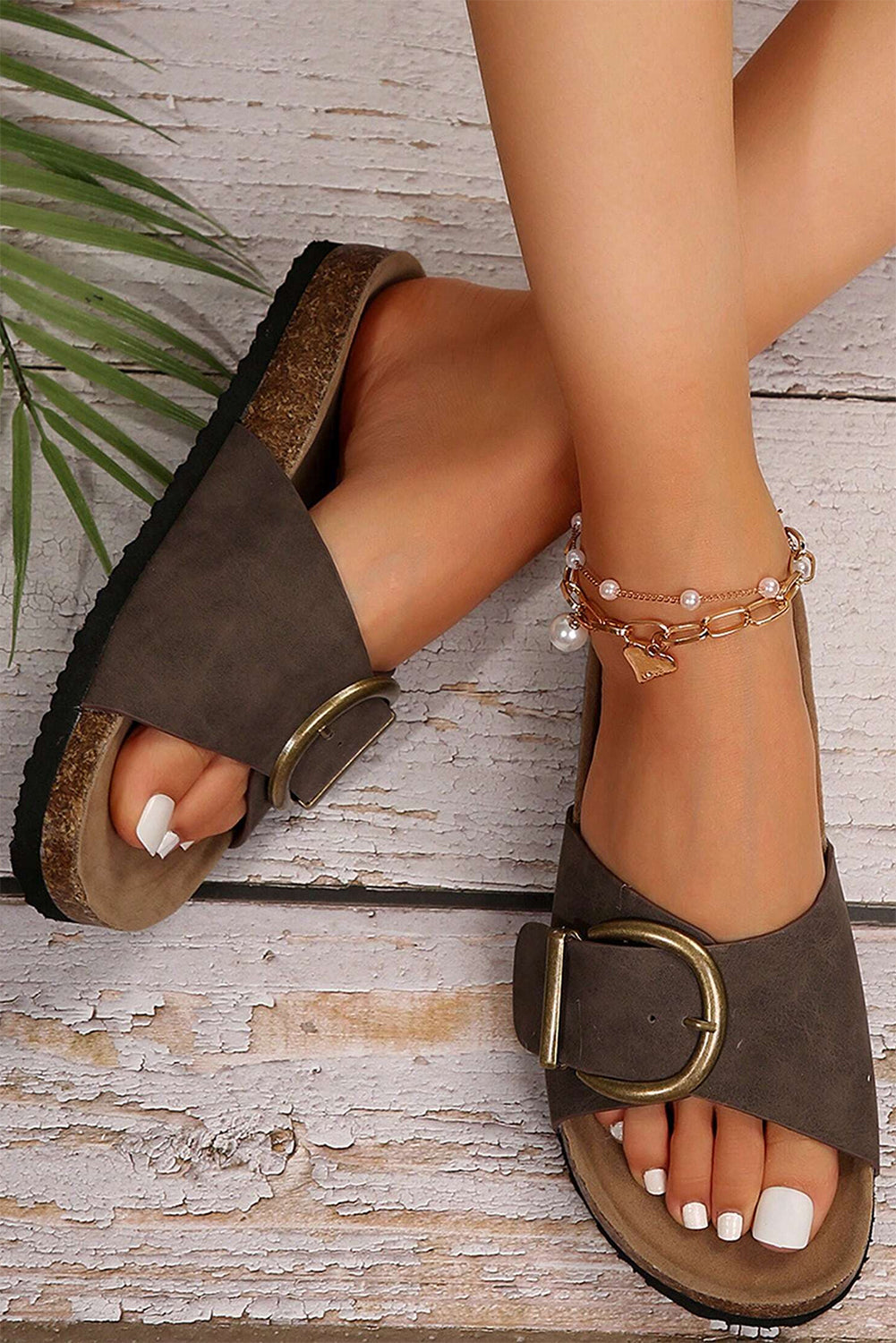 Coffee Buckle Decor Faux Suede Thick Sole Slippers