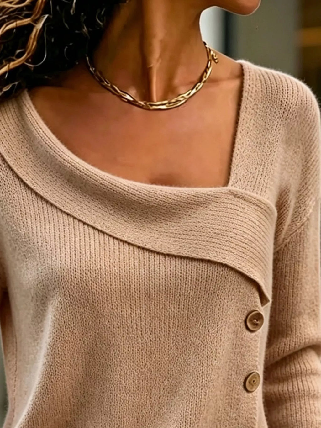 Full Size Asymmetrical Decor Button Sweater Plus Size