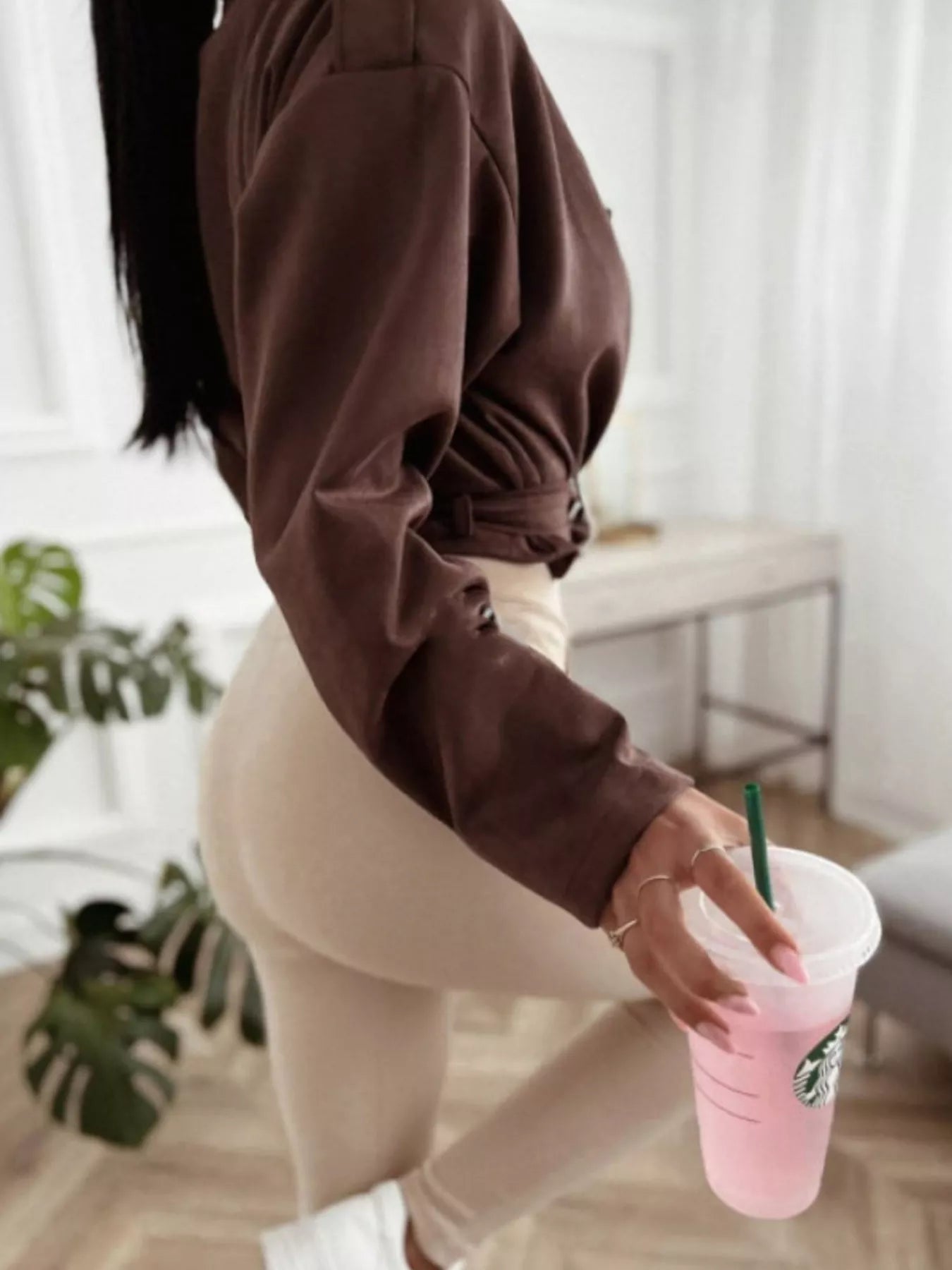 Cropped Biker Jacket with Belt Detail