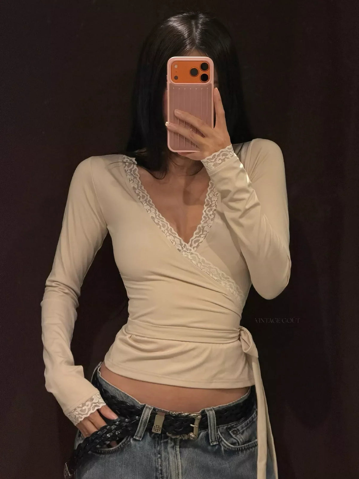 Lace-Trimmed Long Sleeves Wrap Blouse