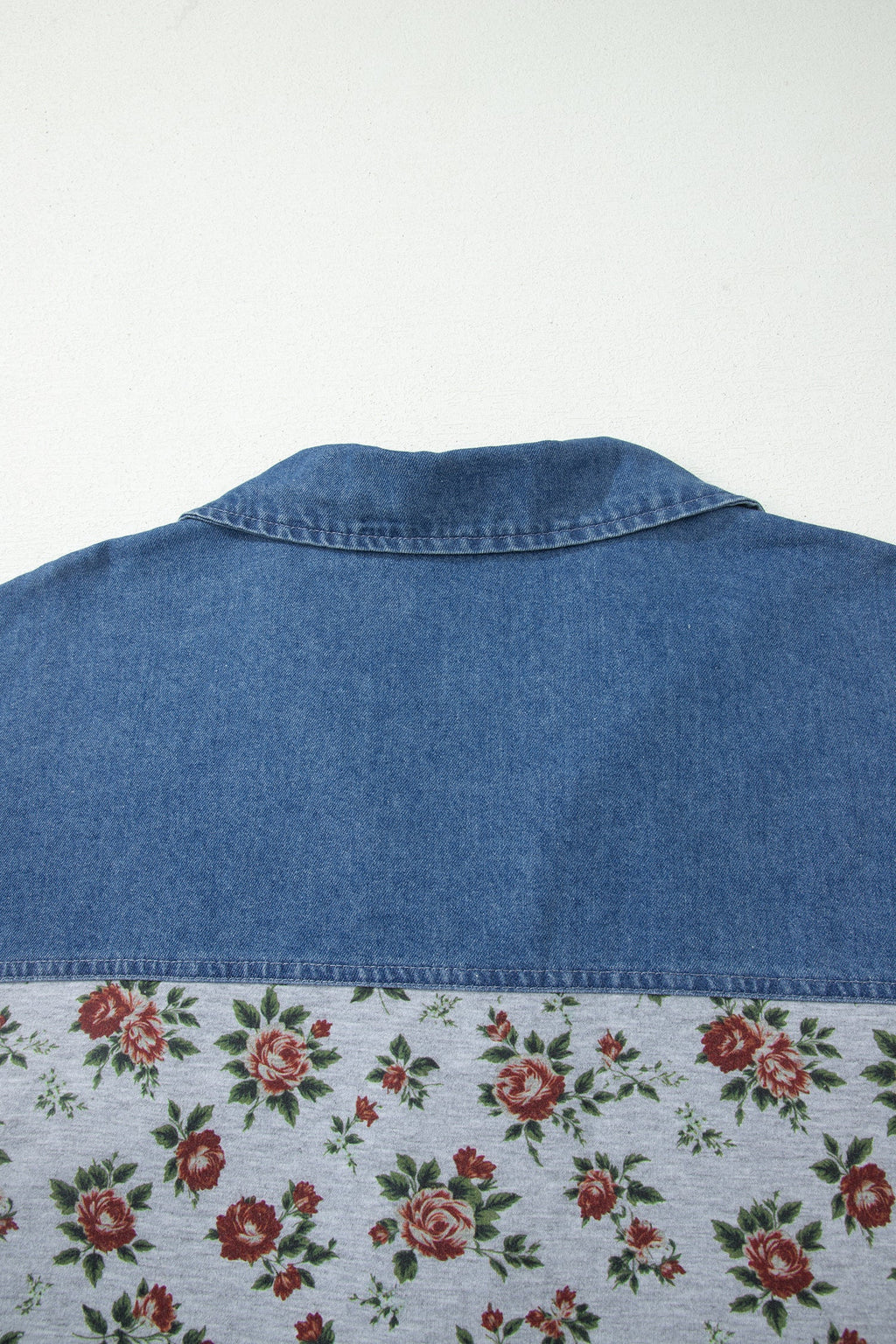 Gray Retro Floral Print Denim Patchwork Plus Size Polo Tee