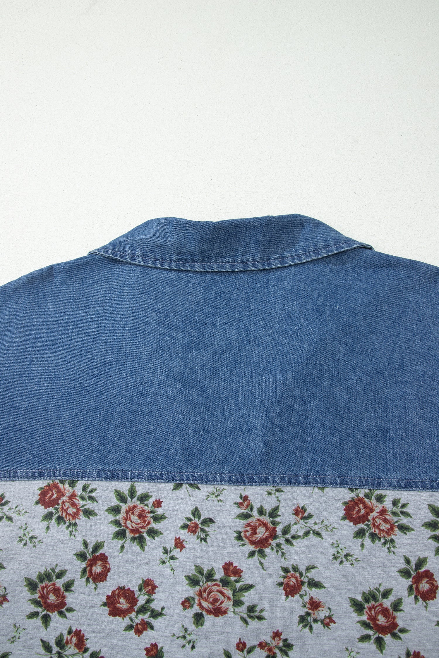 Gray Retro Floral Print Denim Patchwork Plus Size Polo Tee