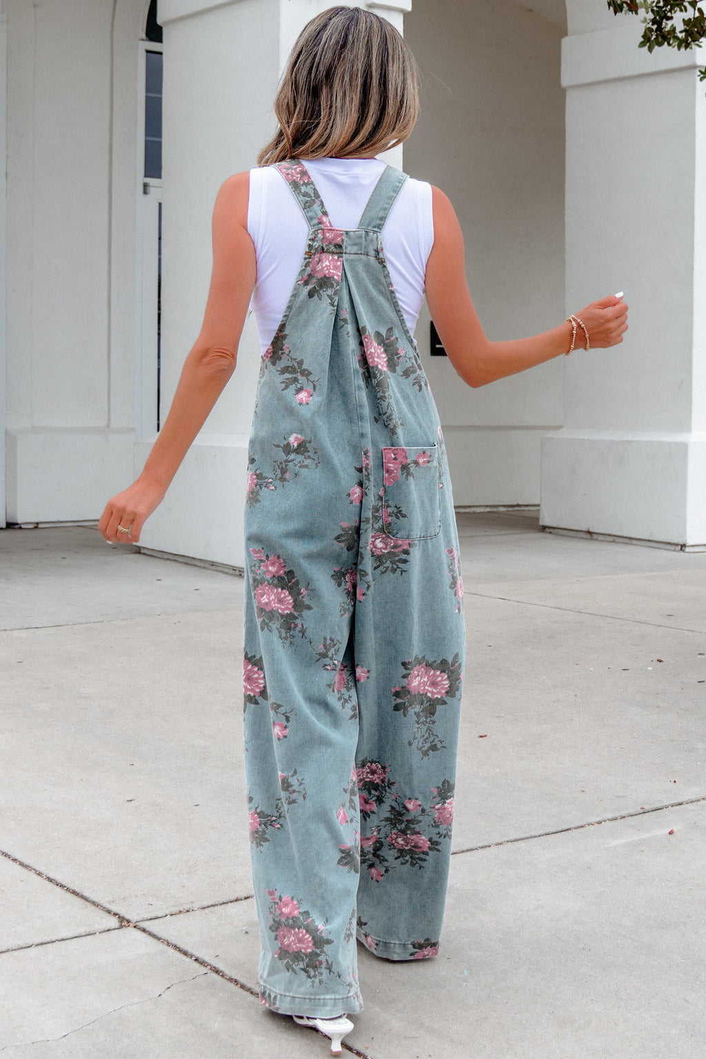 Beau Blue Floral Print Pleated High Waist Wide Leg Denim Jumpsuit