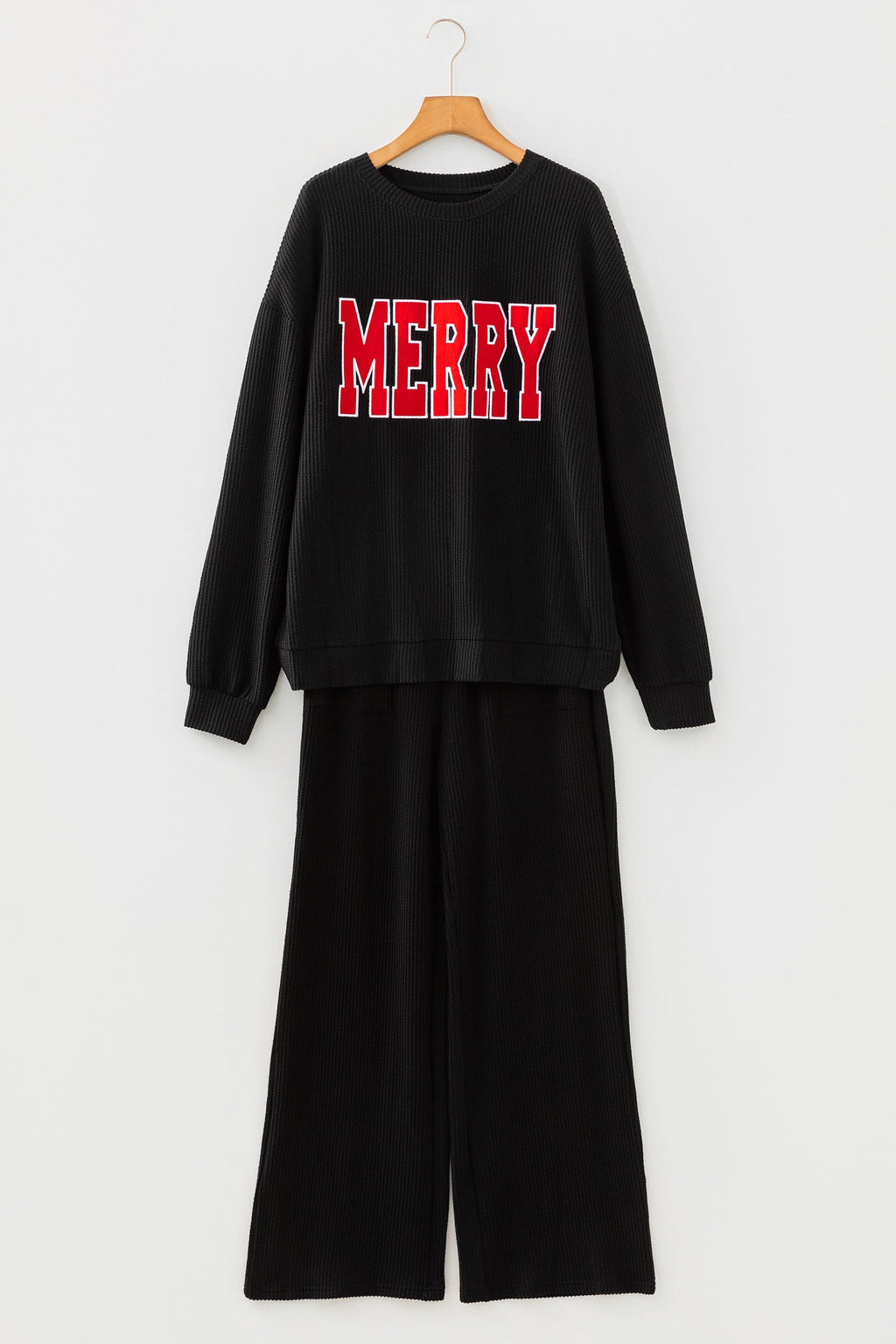 Christmas Letter Print Corded Knit Top & Pants Set