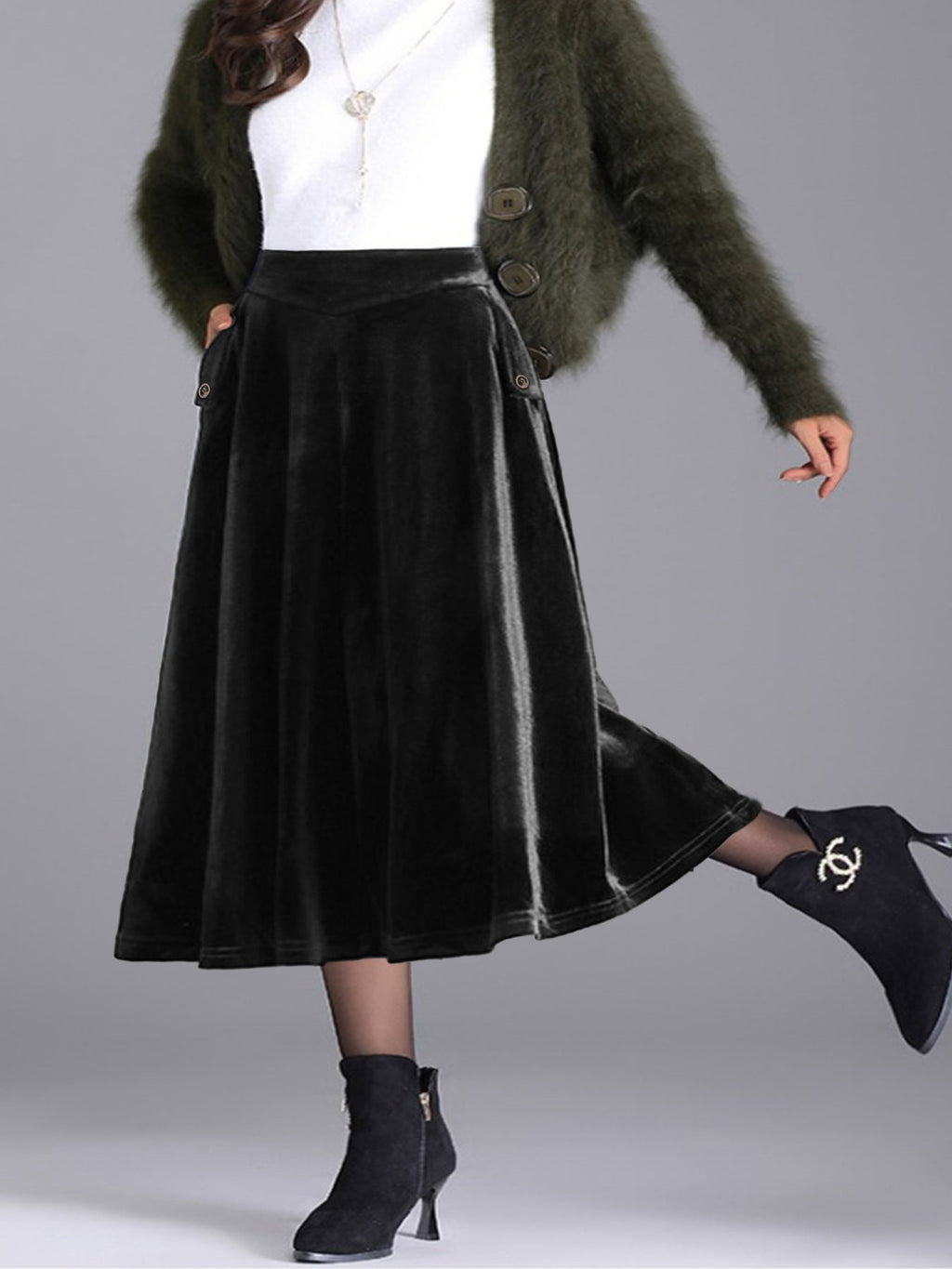 Elegant Velvet A-Line Midi Skirt