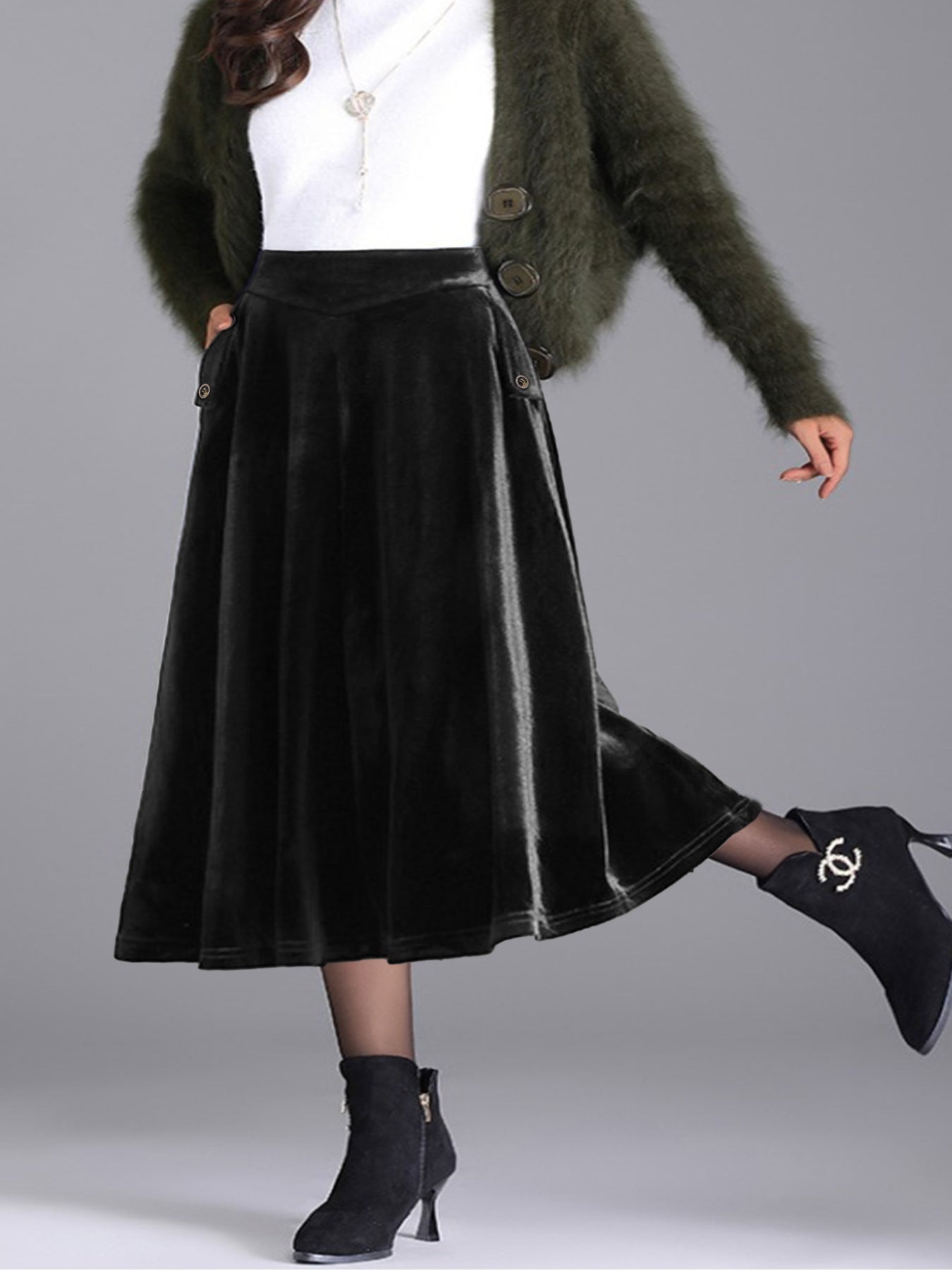 Elegant Velvet A-Line Midi Skirt