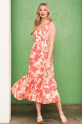 Sleeveless Floral Print V-Neck Midi Dress with Ruffles