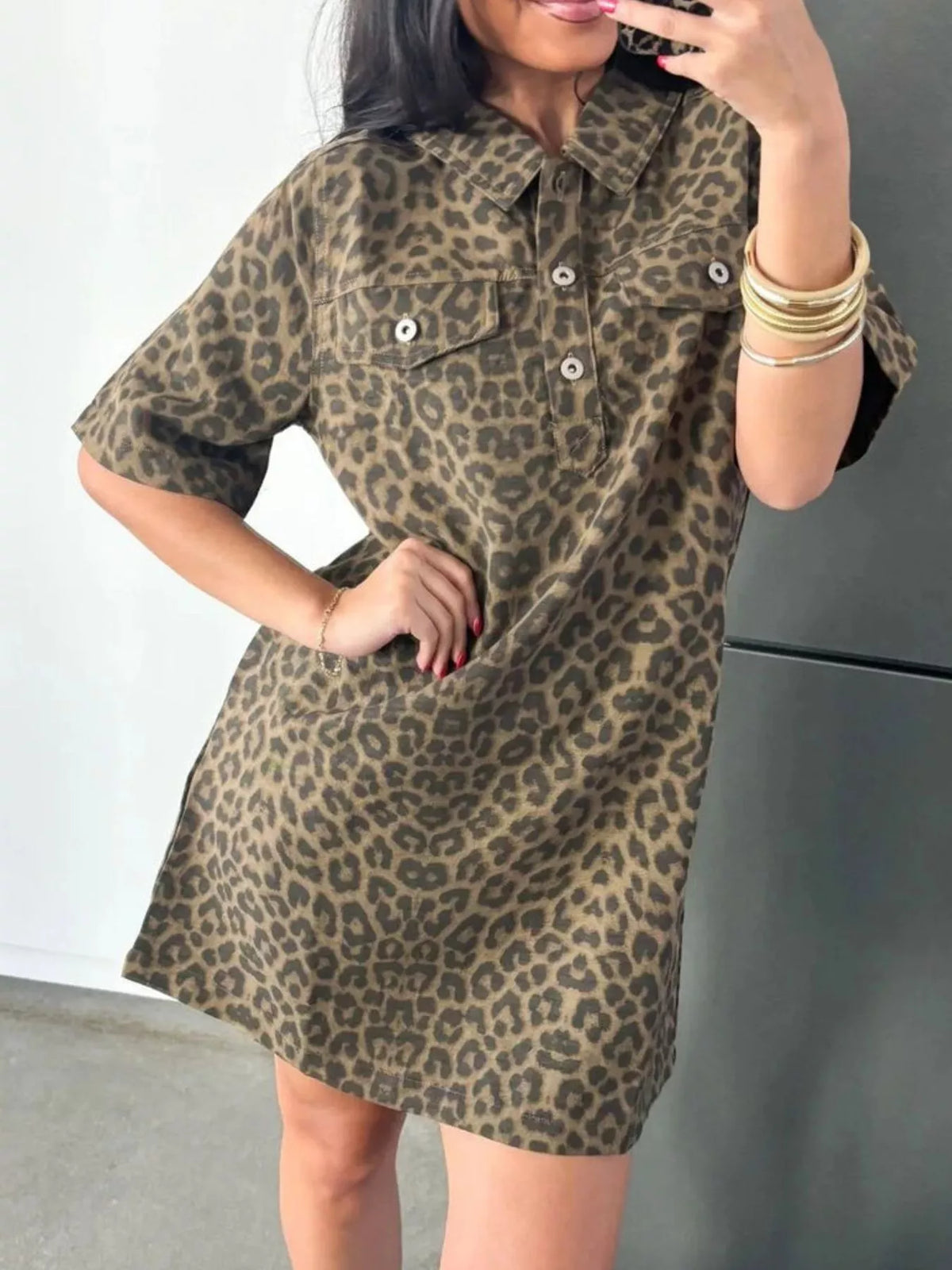 Leopard Print Short Sleeve Denim Dress