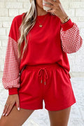 Gingham Patchwork Long Sleeve Sweatshirt and Shorts Set