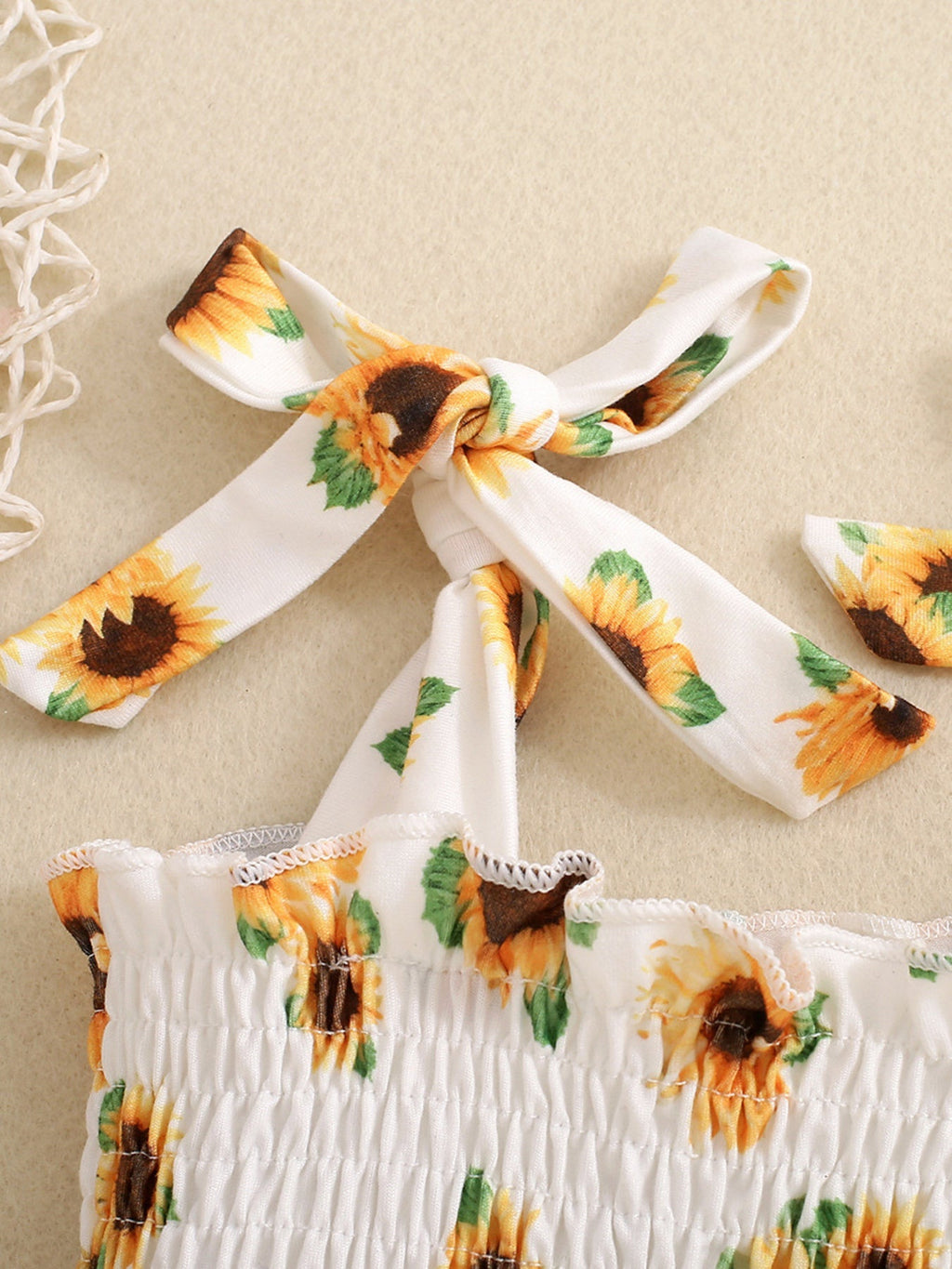 Children's Sunflower Print Smocked Ruffle Trim Jumpsuit
