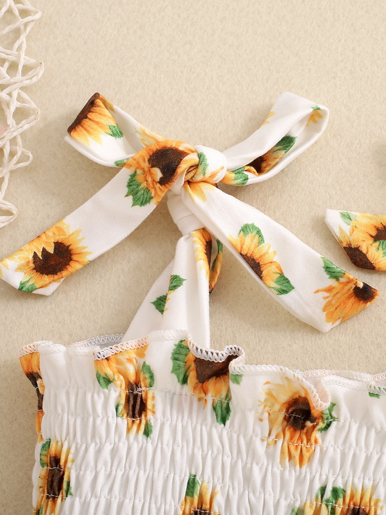 Children's Sunflower Print Smocked Ruffle Trim Jumpsuit