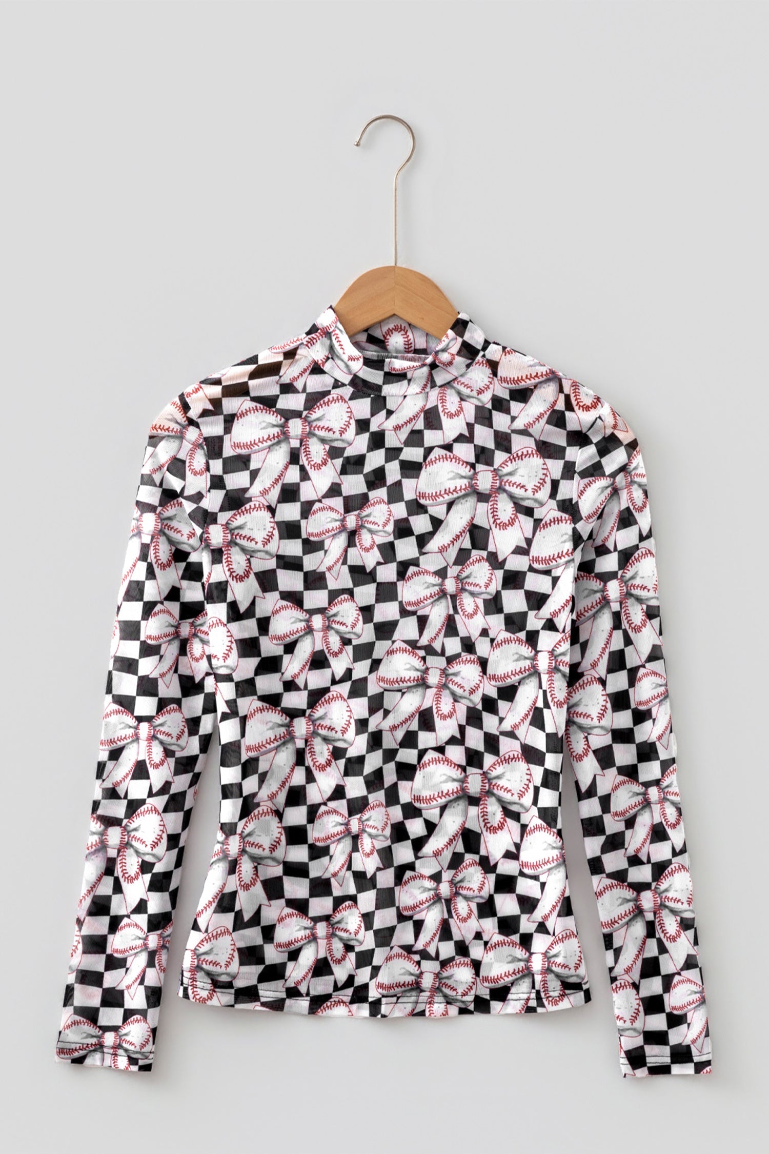 Black Checkered Baseball Bow Print High Neck Long Sleeve Mesh Top