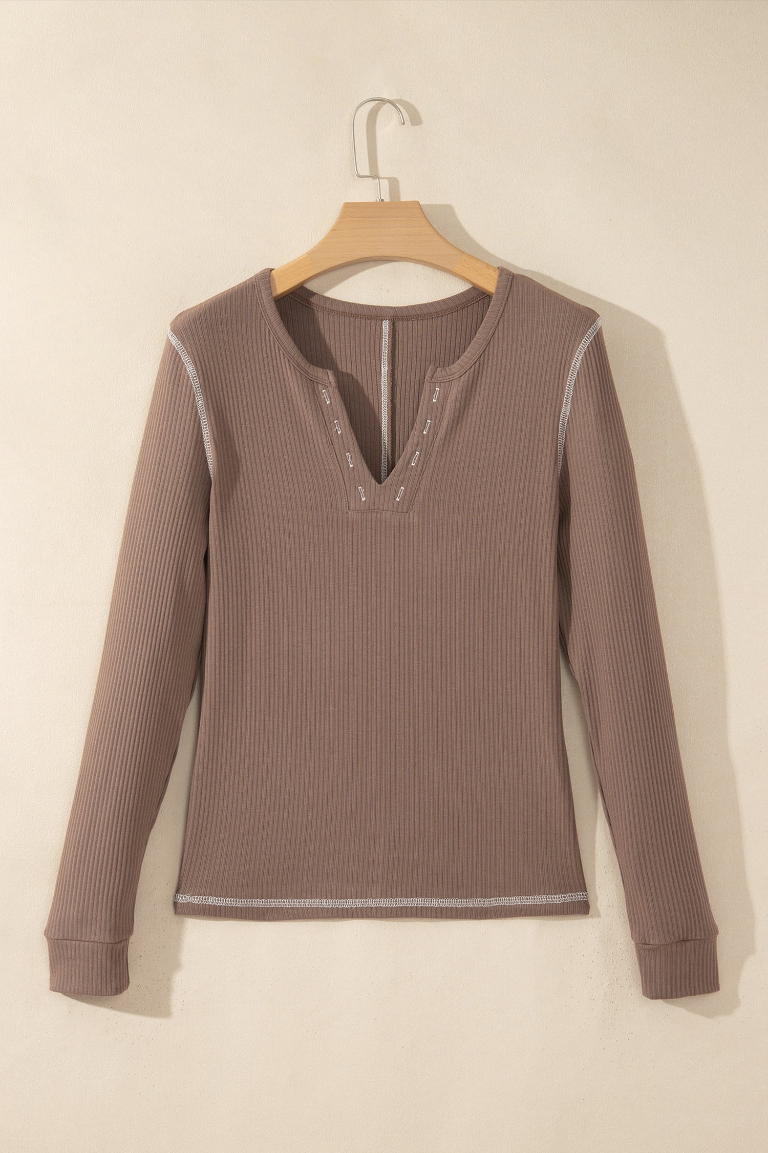 Dark Khaki V Neck Ribbed Stitched Detail Long Sleeve Top