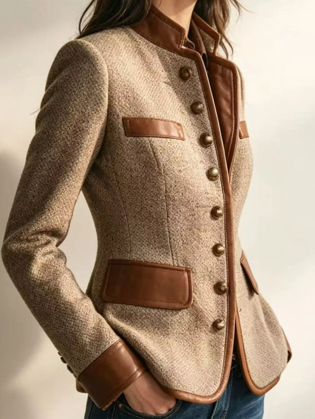 Full Size Contrast Trim Tweed Outerwear Plus Size