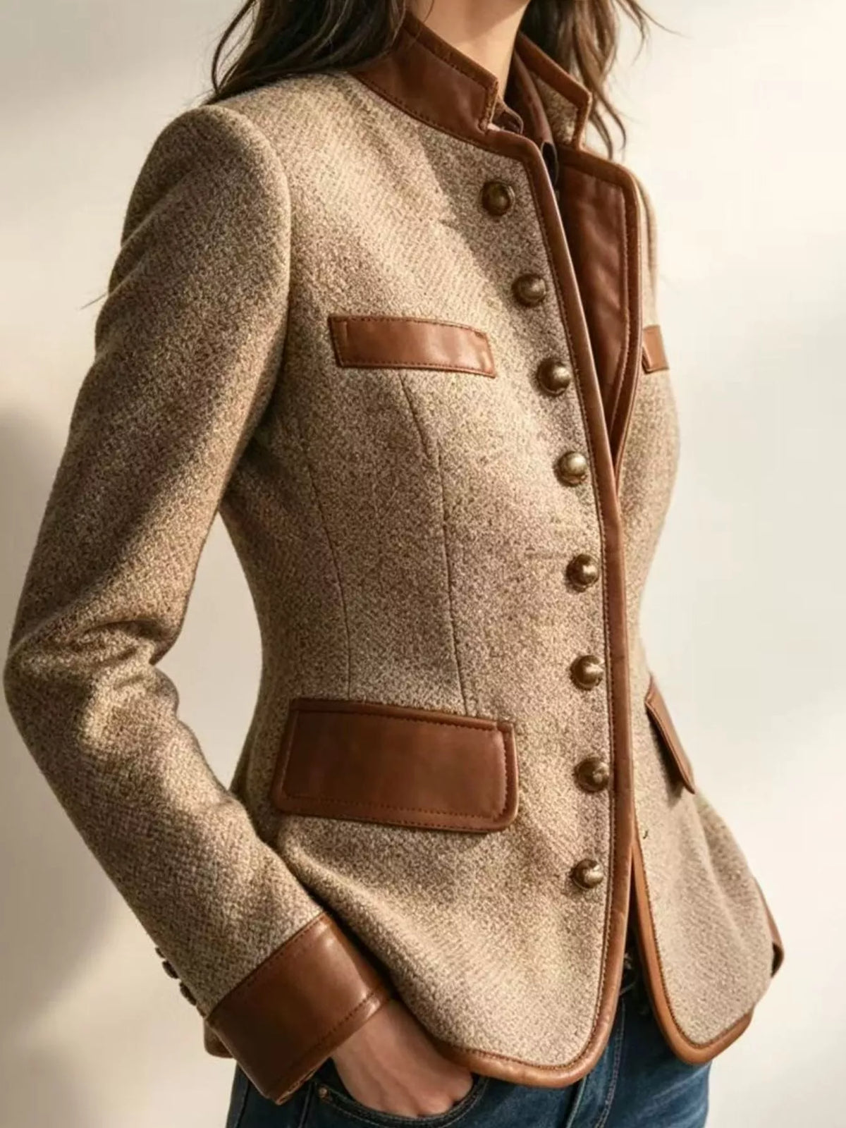 Full Size Contrast Trim Tweed Outerwear Plus Size