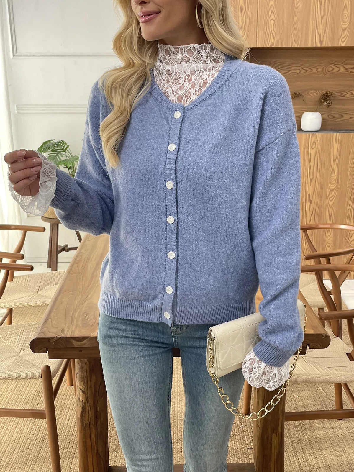 Button-Down Cardigan with Delicate Lace Trim