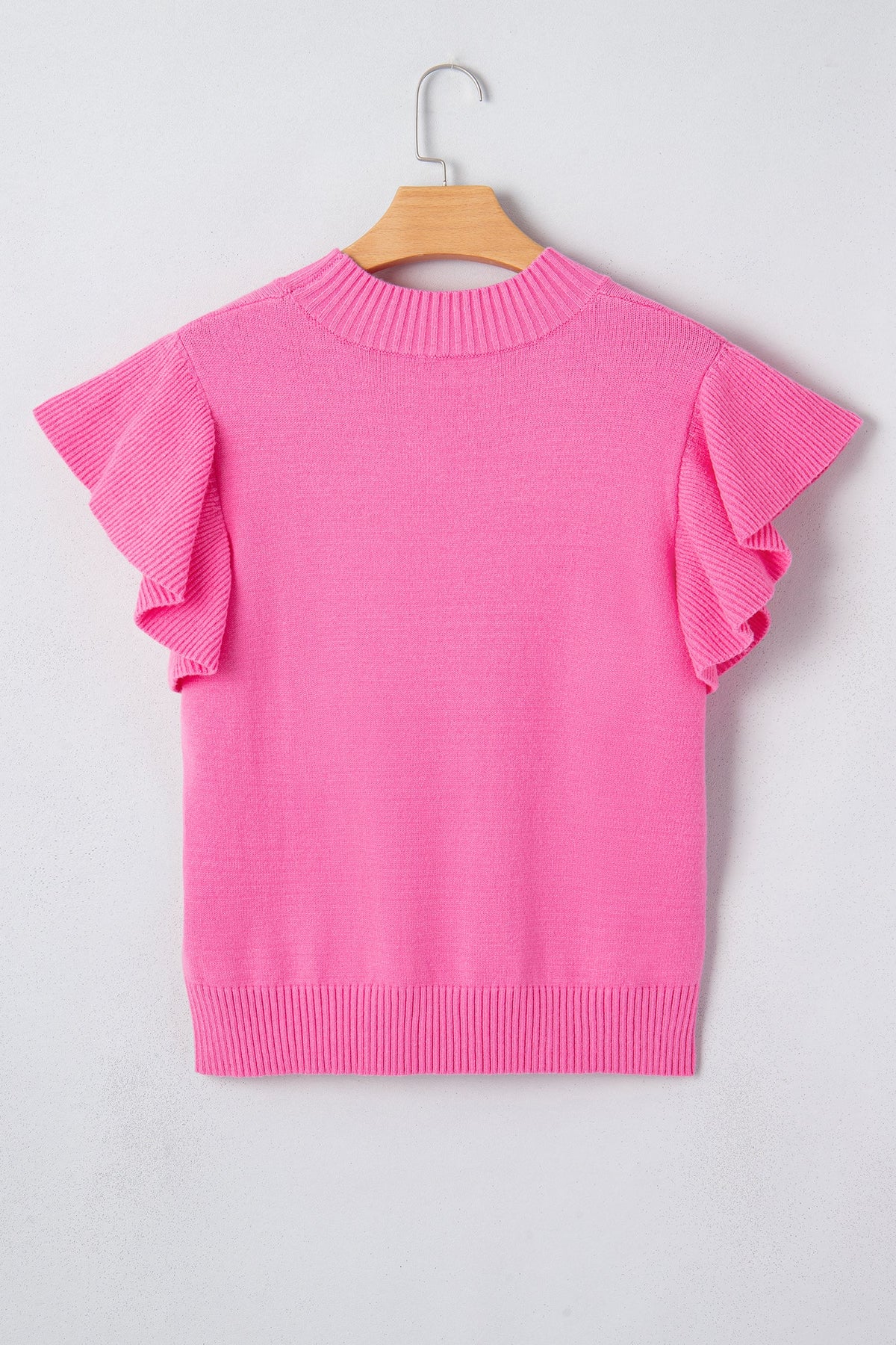 Solid Ruffle Sleeve Round Neck Ribbed Sweater