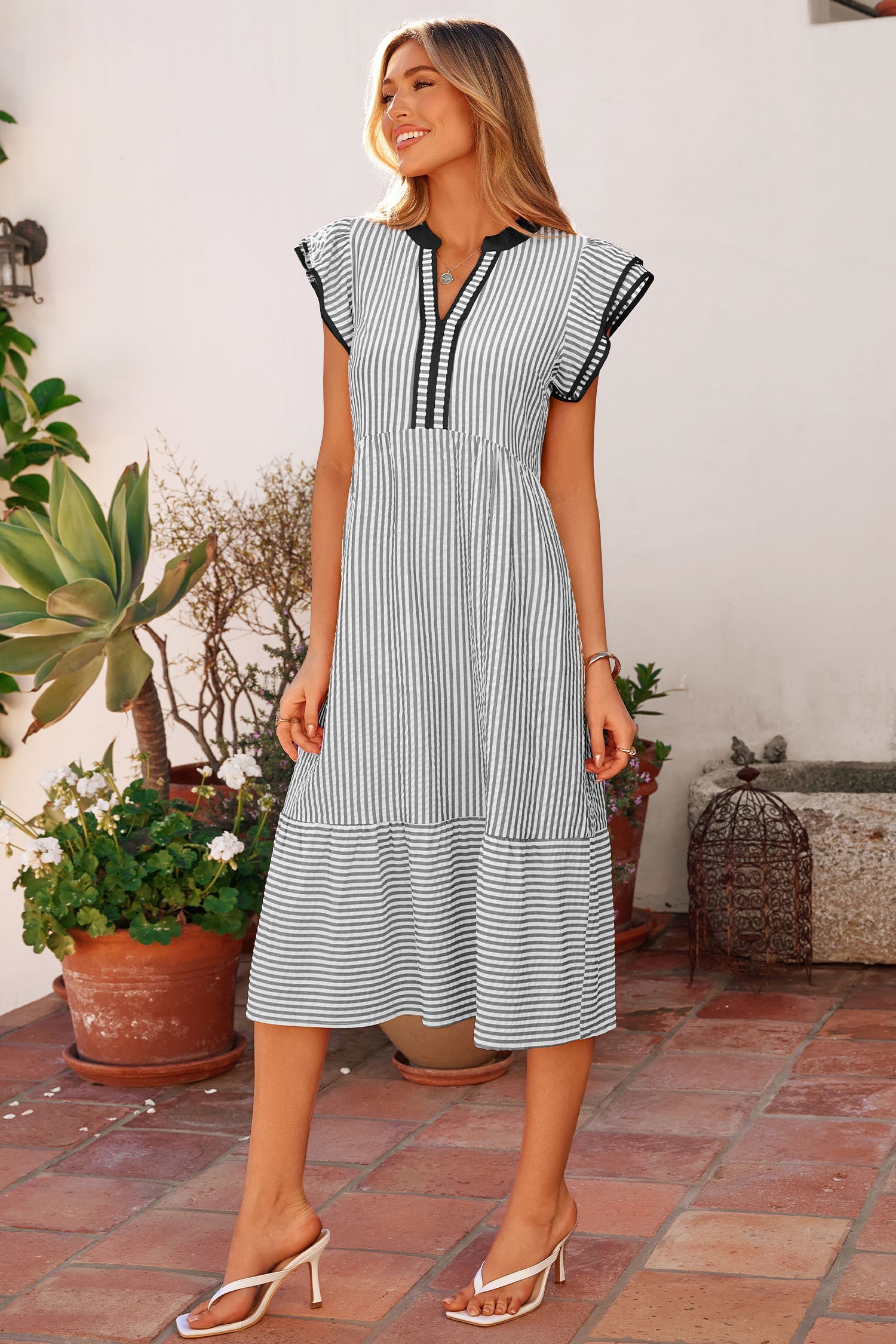 Black Stripe Contrast Trim V Neck Flutter Sleeve Casual Long Dress