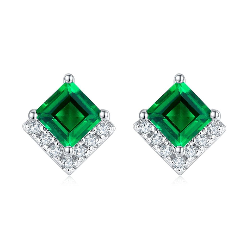S925 Silver Platinum Plated Lab-Created Emerald Earrings, 0.3&2.5ct Princess Cut Studs, Pair
