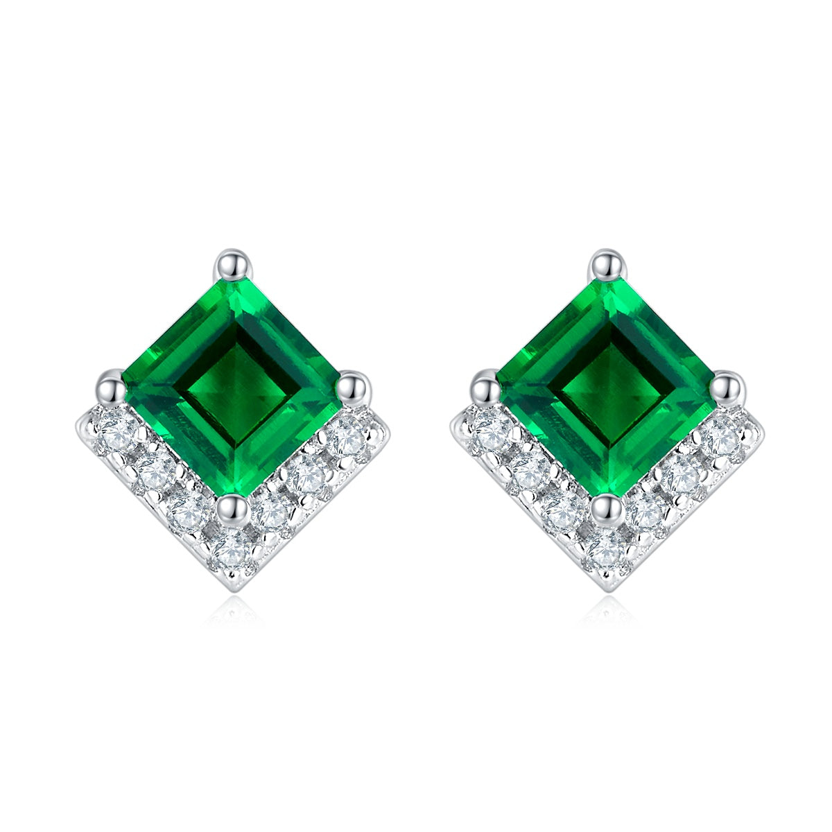 S925 Silver Platinum Plated Lab-Created Emerald Earrings, 0.3&2.5ct Princess Cut Studs, Pair