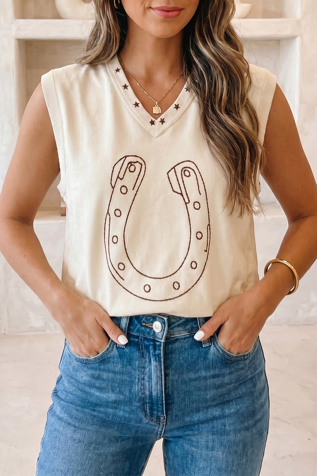 White Horseshoe Embroidered Star Trim V Neck Loose Tank Top