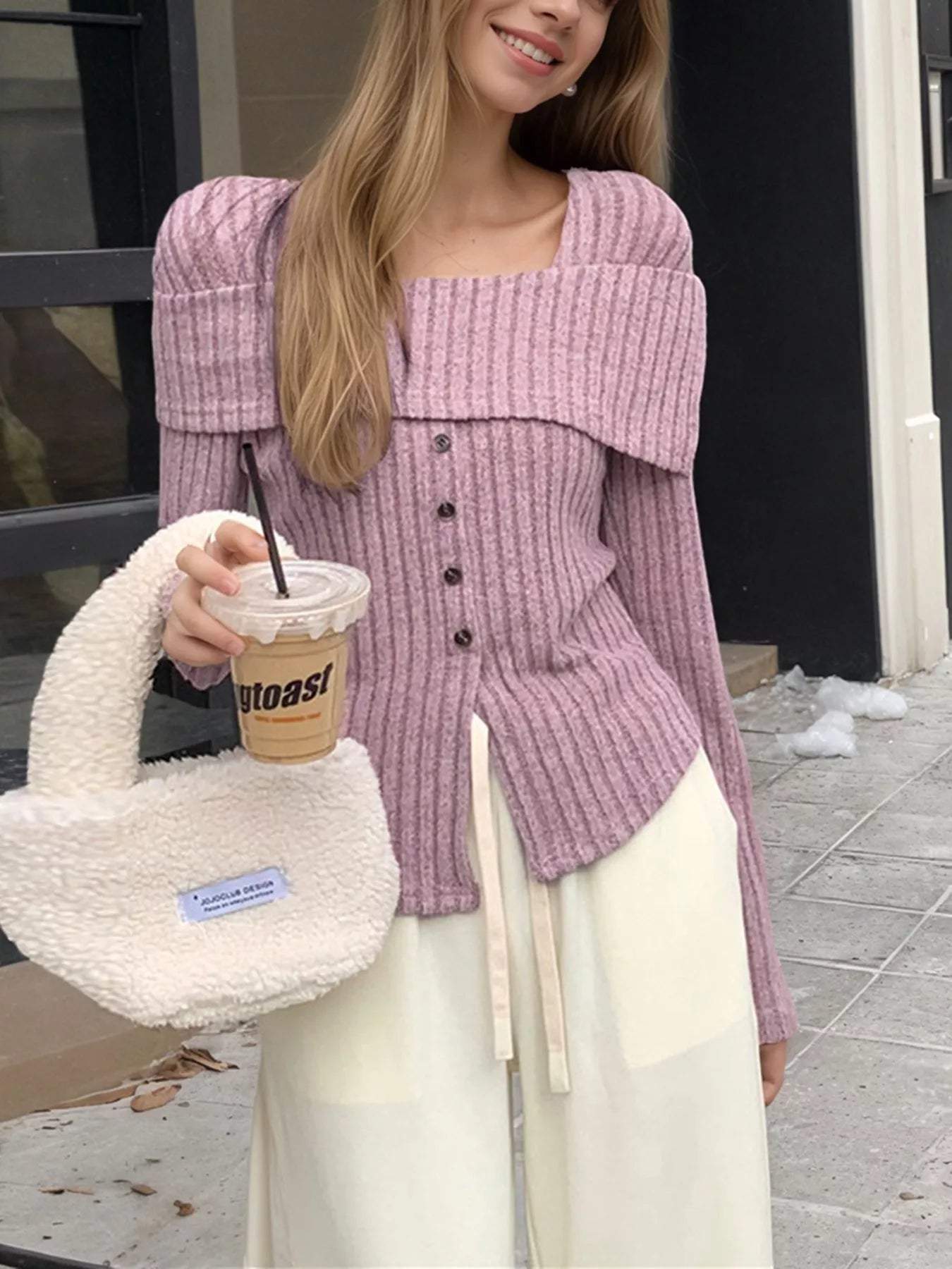 Ribbed Square Neck Long Sleeve Top