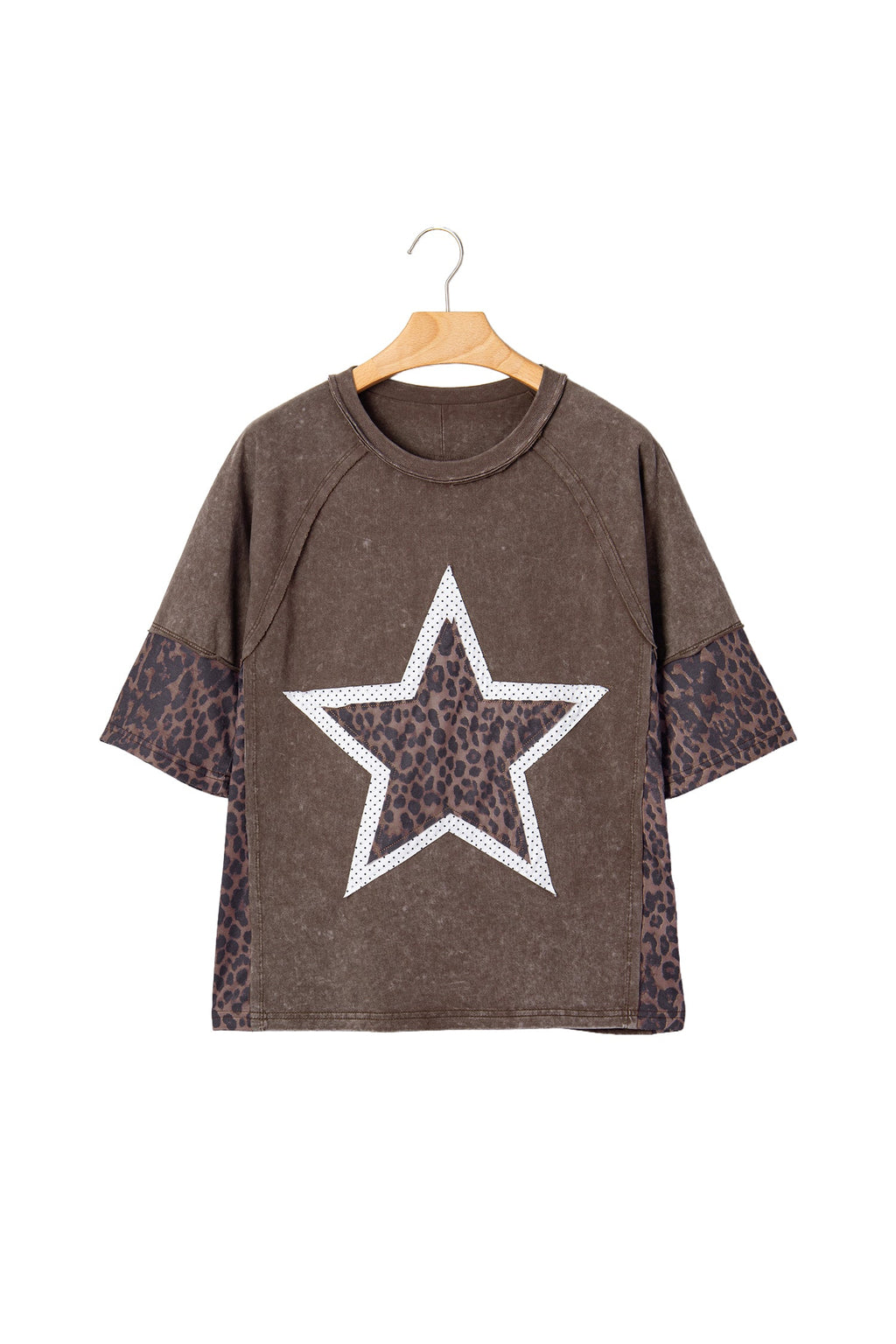 Coffee Mineral Wash Exposed Seam Leopard Star Patched T Shirt