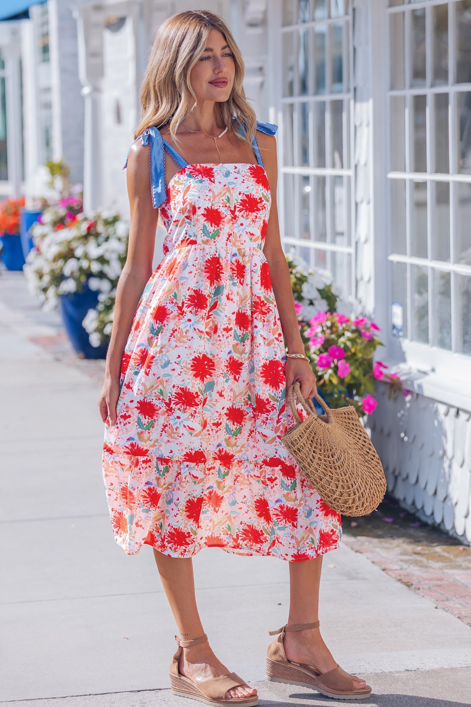 Red Floral Print Contrast Stitched Knot Denim Straps High Waist Dress
