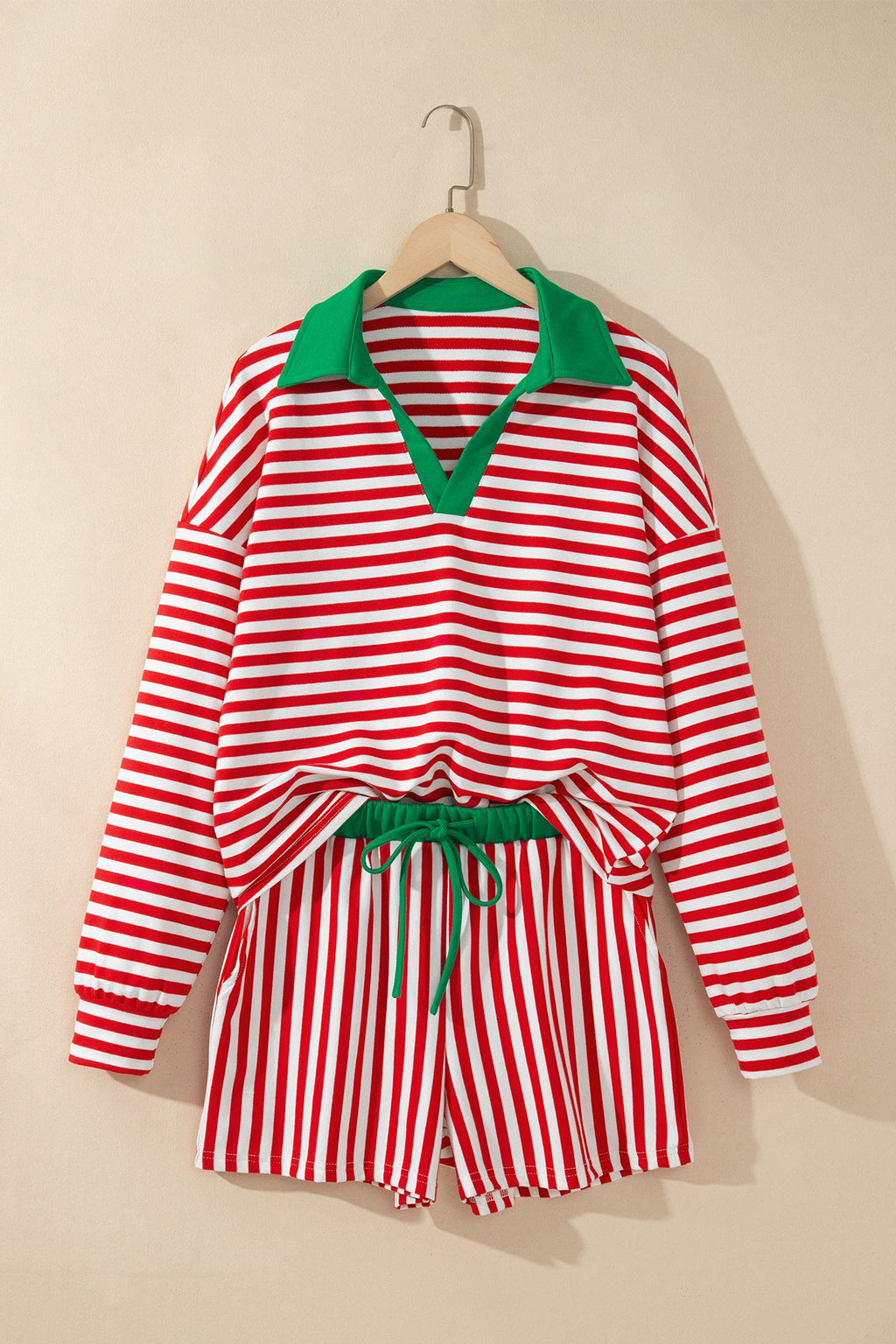 Red Stripe Colorblock Trim Polo Collar Drawstring Elastic Waist Band Casual 2pcs Outfit