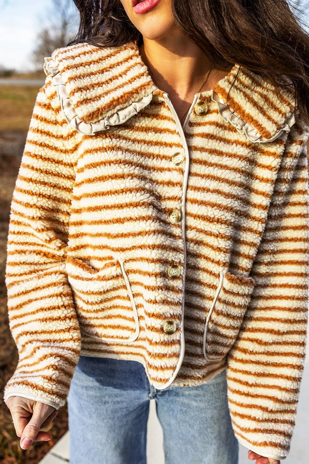 Striped Fleece Button Front Long Sleeve Regular Fit Jacket