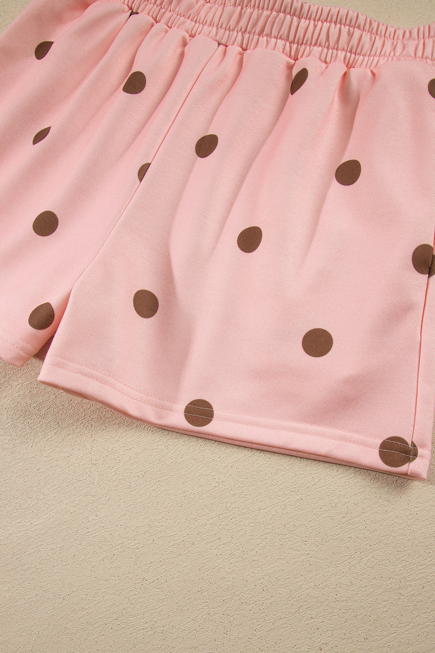 Brown Polka Dot Ribbed Trim Long Sleeve Top Casual Short Set