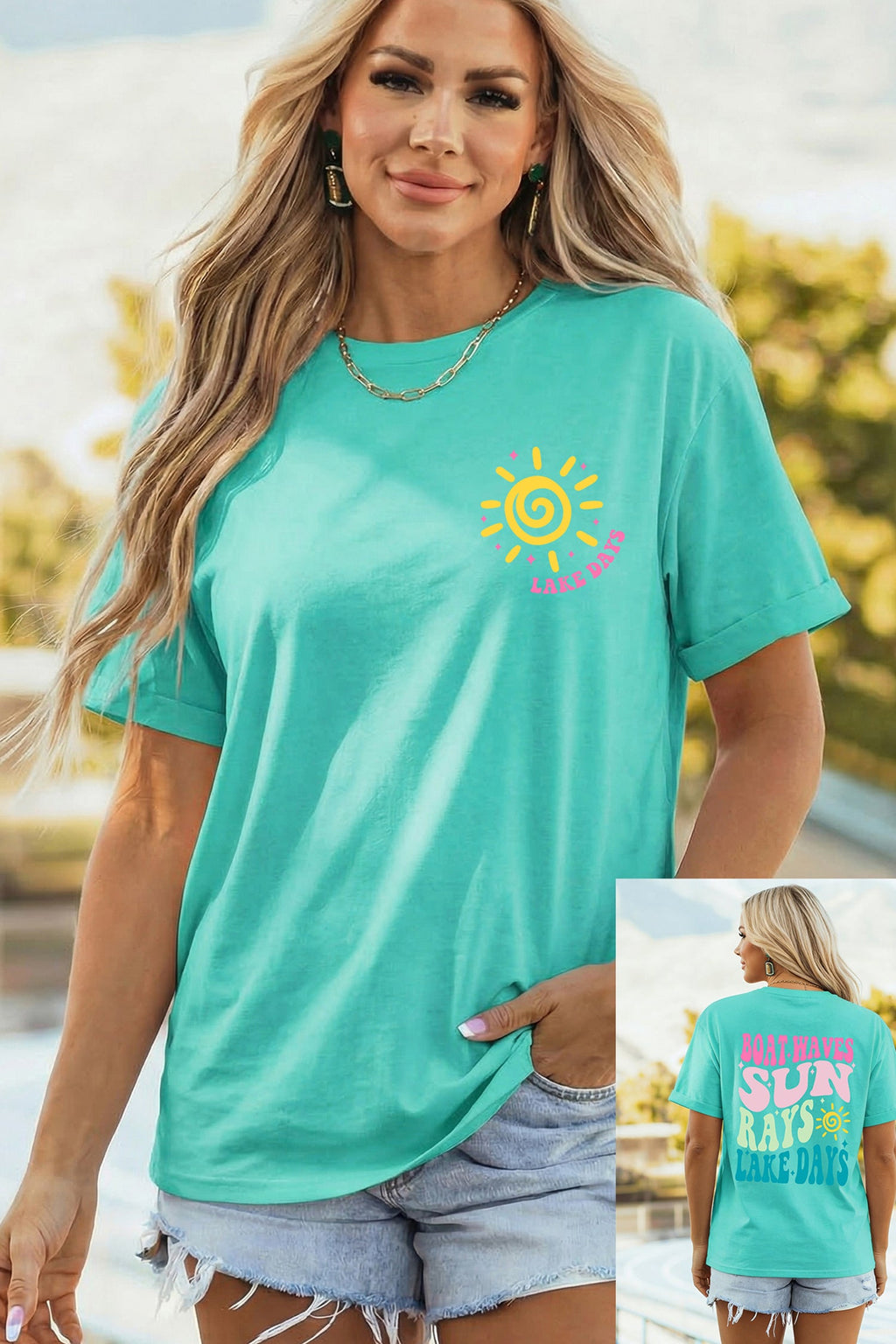 Mint Green LAKE DAYS Double Side Printed Vacation T Shirt