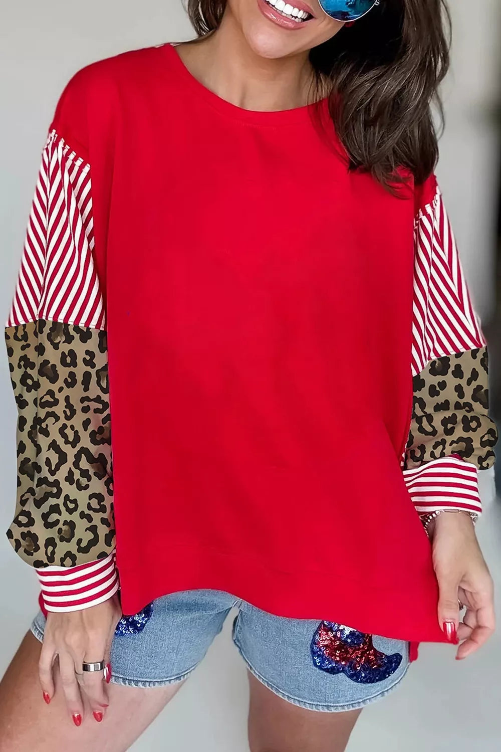 Leopard and Striped Patchwork Sleeves Sweatshirt