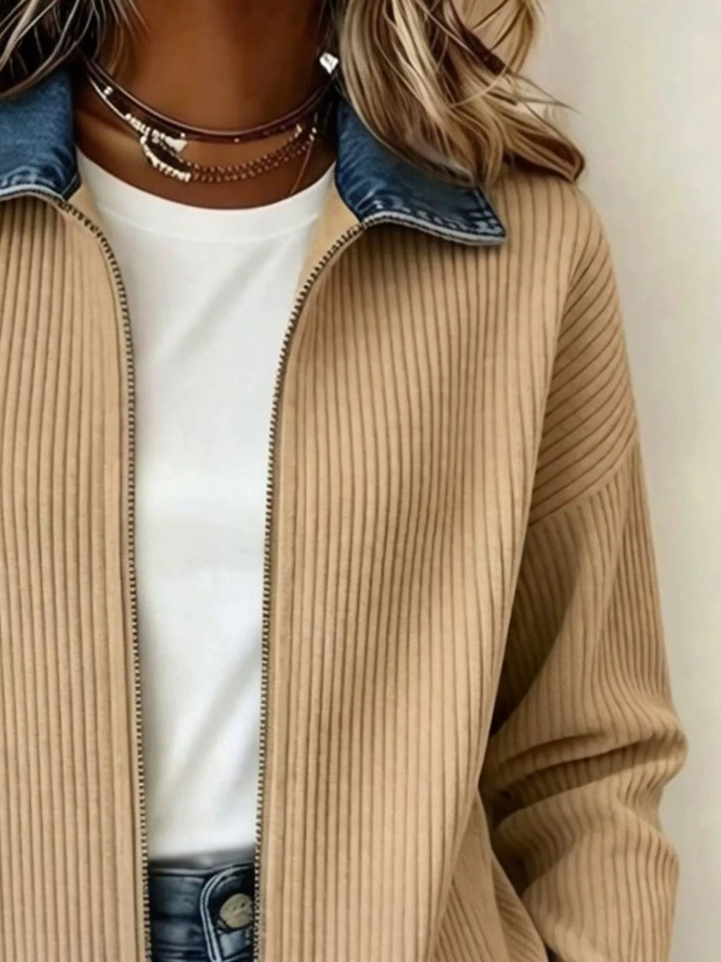 Contrast Denim Collar Ribbed Knit Jacket