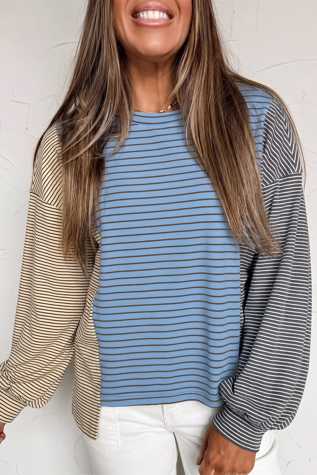 Sky Blue Stripe Color Block Contrast Long Sleeve Round Neck Casual Shift Pullover