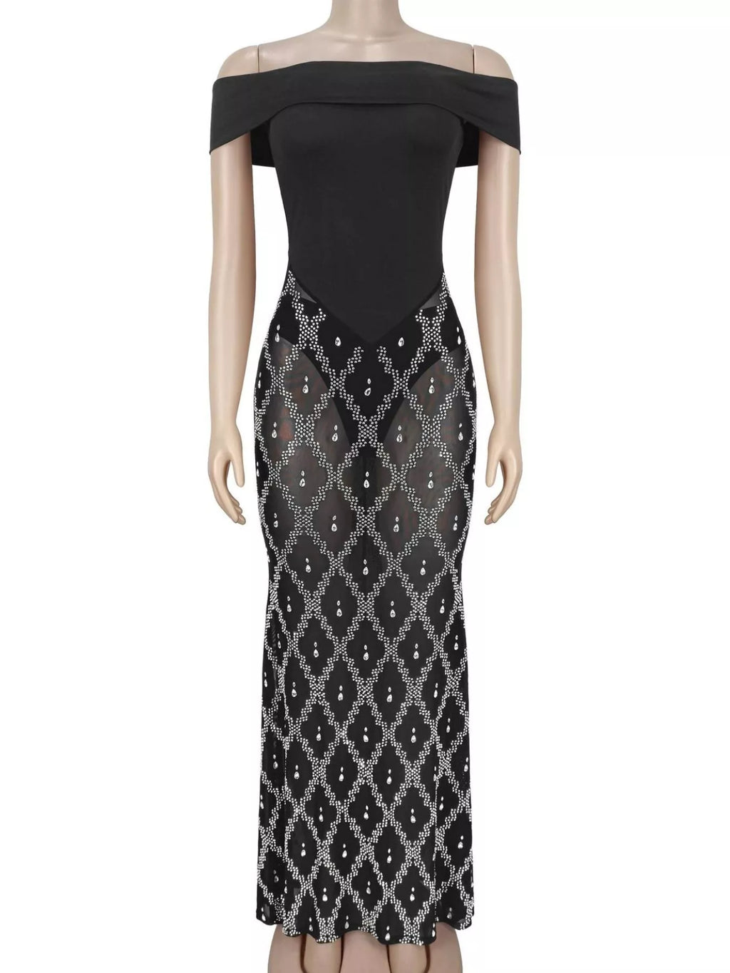 Off-Shoulder Sheer Rhinestone Embellished Maxi Dress